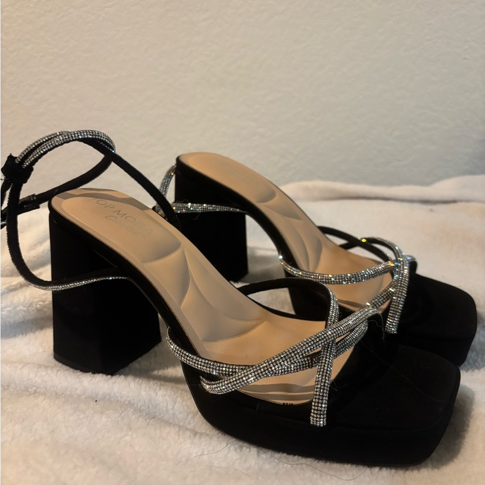 TOP Moda Black and Silver Heels with Chunky Block Heel